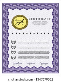 Violet Certificate of achievement template. With linear background. Excellent design. Vector illustration. 