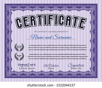 Violet Certificate of achievement template. Lovely design. Detailed. With guilloche pattern and background. 