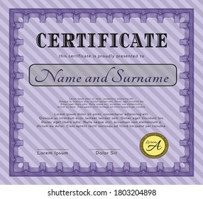 Violet Certificate of achievement template.  Modern design.  With guilloche pattern.  Customizable, Easy to edit and change colors. 