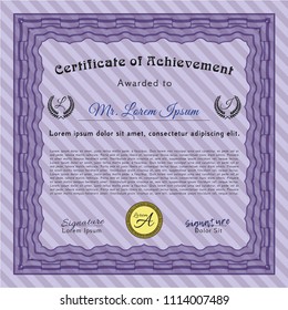 Violet Certificate of achievement template. Money design. Vector illustration. With linear background. 