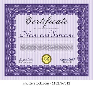 Violet Certificate of achievement template. Money Pattern. Detailed. Complex background. 