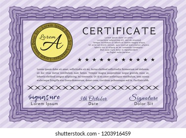 Violet Certificate of achievement template. Money style design. Customizable, Easy to edit and change colors. With guilloche pattern and background. 