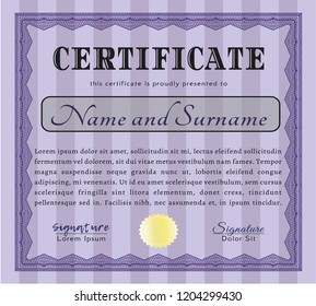 Violet Certificate of achievement template. Money design. With great quality guilloche pattern. Vector illustration. 