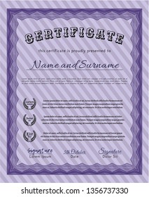 Violet Certificate of achievement template. Money Pattern. Customizable, Easy to edit and change colors. With guilloche pattern and background. 