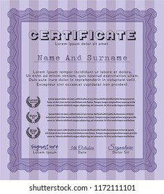 Violet Certificate of achievement template. Nice design. Detailed. With guilloche pattern and background. 