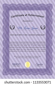 Violet Certificate of achievement template. Perfect design. Detailed. With great quality guilloche pattern. 