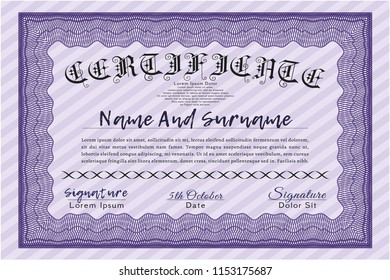 Violet Certificate of achievement template. Printer friendly. Customizable, Easy to edit and change colors. Money design. 