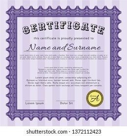 Violet Certificate of achievement template. Printer friendly. Money Pattern design. Detailed. 