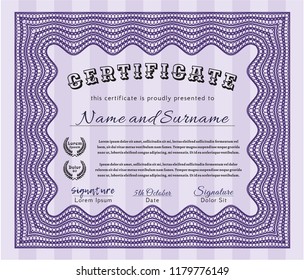 Violet Certificate of achievement template. Retro design. Vector illustration. With guilloche pattern. 