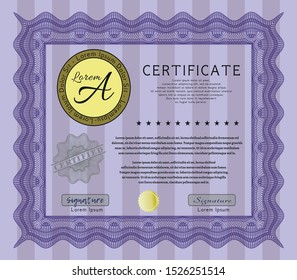 Violet Certificate of achievement template. Retro design. Vector illustration. With complex linear background. 