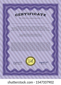Violet Certificate of achievement template. Retro design. Vector illustration. With complex linear background. 