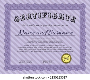 Violet Certificate of achievement template. Superior design. With guilloche pattern. Detailed. 