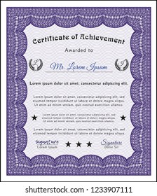 Violet Certificate of achievement template. Superior design. Vector illustration. With complex background. 