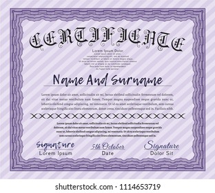 Violet Certificate of achievement template. Vector illustration. Easy to print. Cordial design. 