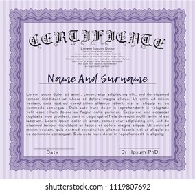Violet Certificate of achievement template. Vector illustration. Printer friendly. Retro design. 