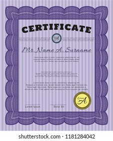 Violet Certificate of achievement template. Vector illustration. With complex background. Nice design. 