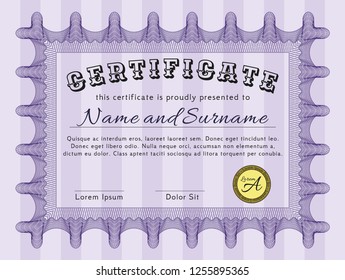 Violet Certificate of achievement template. Vector illustration. With great quality guilloche pattern. Money Pattern design. 