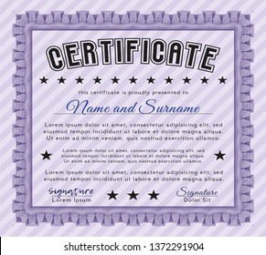 Violet Certificate of achievement template. Vector illustration. With complex linear background. Good design. 