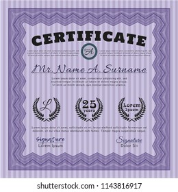 Violet Certificate of achievement. Vector illustration. With guilloche pattern. Money Pattern. 