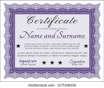 Violet Certificate of achievement. Vector illustration. With complex linear background. Money Pattern design. 