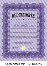 Violet Certificate of achievement. Vector illustration. With great quality guilloche pattern. Money Pattern. 