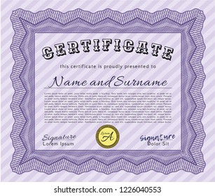 Violet Certificate of achievement. Vector illustration. With complex linear background. Money Pattern. 