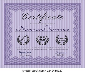 Violet Certificate of achievement. Vector illustration. With linear background. Money Pattern. 