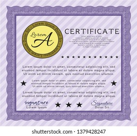 Violet Certificate of achievement. Vector illustration. Complex background. Money Pattern. 