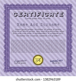 Violet Certificate of achievement. Vector illustration. With background. Money style design. 