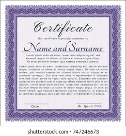 Violet Certificate. With complex background. Money Pattern. Vector illustration. 
