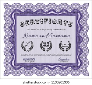 Violet Certificate. With complex linear background. Cordial design. Vector illustration. 