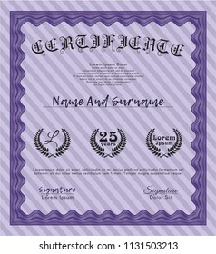 Violet Certificate. With complex linear background. Detailed. Money Pattern design. 