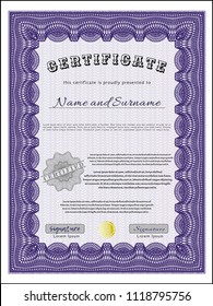Violet Certificate diploma or award template. With complex background. Customizable, Easy to edit and change colors. Cordial design. 