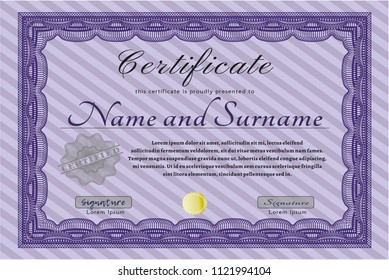 Violet Certificate diploma or award template. With guilloche pattern and background. Money Pattern design. Detailed. 