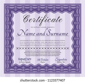 Violet Certificate diploma or award template. With complex linear background. Customizable, Easy to edit and change colors. Money style design. 