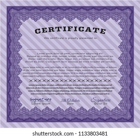 Violet Certificate diploma or award template. Printer friendly. Detailed. Money Pattern design. 