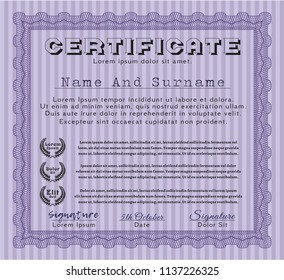 Violet Certificate diploma or award template. Cordial design. Vector illustration. With guilloche pattern. 