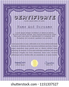 Violet Certificate diploma or award template. With background. Detailed. Excellent design. 