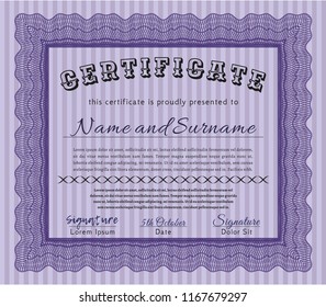Violet Certificate diploma or award template. With linear background. Elegant design. Customizable, Easy to edit and change colors. 