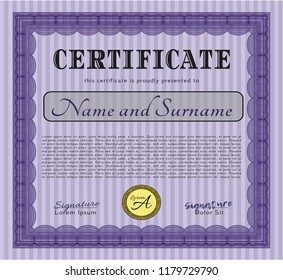 Violet Certificate diploma or award template. Detailed. With complex linear background. Good design. 