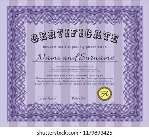 Violet Certificate diploma or award template. Customizable, Easy to edit and change colors. With guilloche pattern and background. Artistry design. 