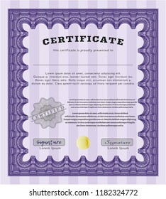 Violet Certificate diploma or award template. Money Pattern design. Customizable, Easy to edit and change colors. With guilloche pattern and background. 