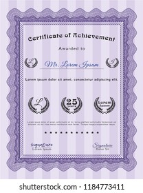 Violet Certificate diploma or award template. With complex background. Money Pattern. Vector illustration. 