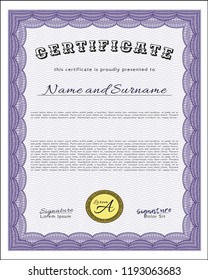 Violet Certificate diploma or award template. With guilloche pattern and background. Detailed. Nice design. 