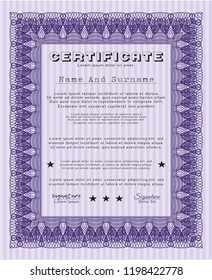 Violet Certificate diploma or award template. Sophisticated design. With great quality guilloche pattern. Vector illustration. 