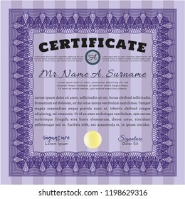 Violet Certificate diploma or award template. With guilloche pattern and background. Perfect design. Customizable, Easy to edit and change colors. 