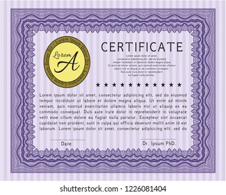 Violet Certificate diploma or award template. Vector illustration. Printer friendly. Lovely design. 