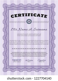Violet Certificate diploma or award template. With guilloche pattern and background. Customizable, Easy to edit and change colors. Cordial design. 