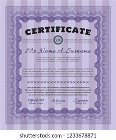 Violet Certificate diploma or award template. With linear background. Lovely design. Detailed. 