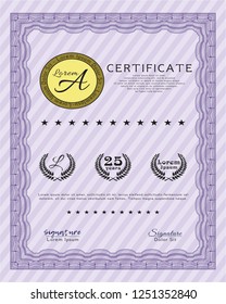 Violet Certificate diploma or award template. Detailed. With great quality guilloche pattern. Modern design. 